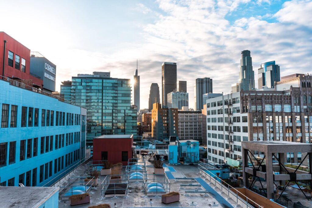 The Los Angeles downtown skyline at sunset.