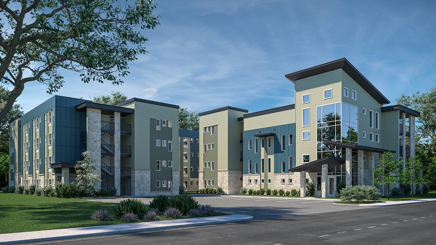 Rendering of a modern supportive housing building, Cady Lofts, in Texas.