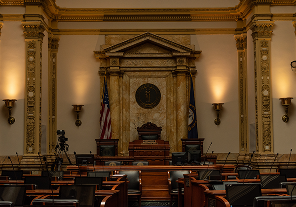 Photo of the Kentucky senate chamber seating facing the dais.